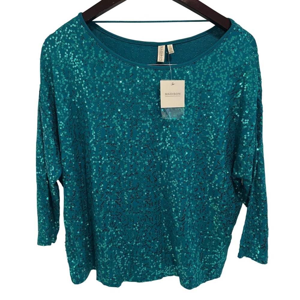 Madison Sequin Top Women Small Aztec Teal NWT Sparkly‎ 3/4 Sleeve Blouse